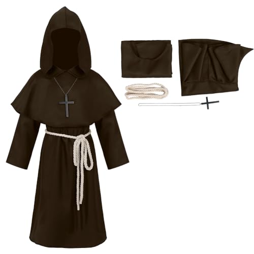 mewjoy Kinder Mittelalter Kleidung Renaissance Mönch Robe Kapuze Bruder Umhang Jungen Priester Kostüm Halloween Karneval Party Cosplay Outfit Set Braun L von mewjoy