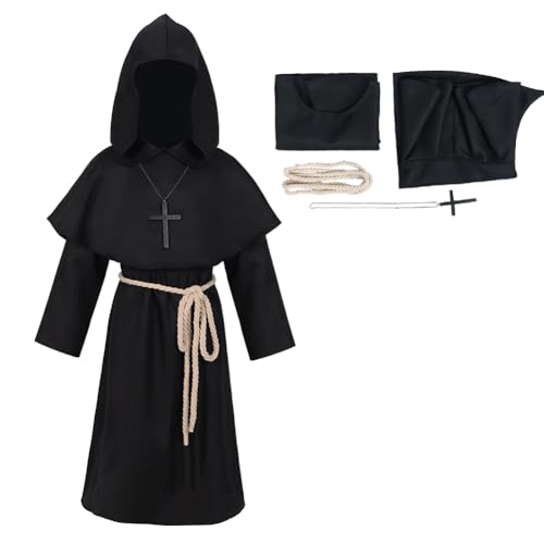 mewjoy Kinder Mittelalter Kleidung Renaissance Mönch Robe Kapuze Bruder Umhang Jungen Priester Kostüm Halloween Karneval Party Cosplay Outfit Set Schwarz L von mewjoy