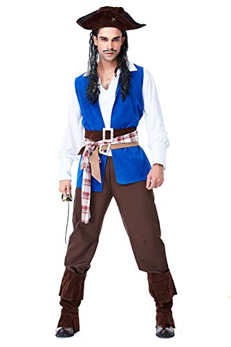 mewjoy Pirate Kapitän Kostüm Mittelalter Bukkaniere Kleidung Halloween Karneval Party Cosplay Outfit Set für Herren, L von mewjoy