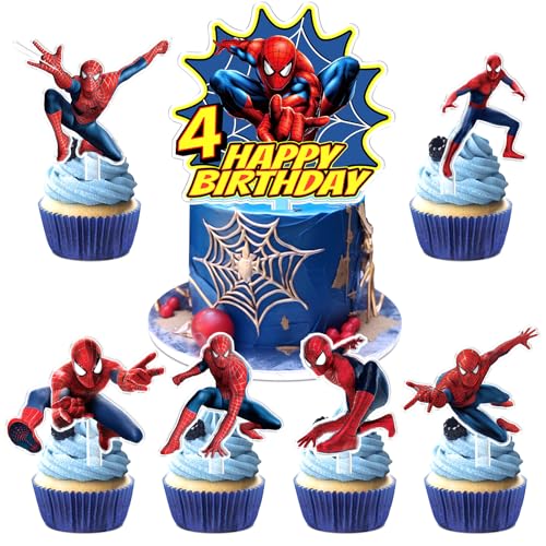 7 Stück Spider Geburtstags Torten Deko, Spider Kuchen Dekoration 4 Jahre, Spider Cupcake Topper, Spider Acryl Cake Dekoration, Geeignet für Kindergeburtstage, Mottopartys, Jubiläen von miakttc