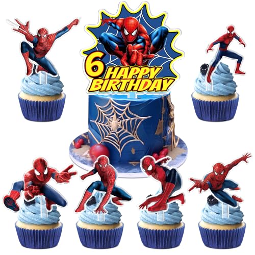 Spider Kuchen Dekoration 6 Jahre, 7 Stück Spider Geburtstags Torten Deko, Spider Cupcake Topper, Spider Acryl Cake Dekoration, Geeignet für Kindergeburtstage, Mottopartys, Jubiläen von miakttc