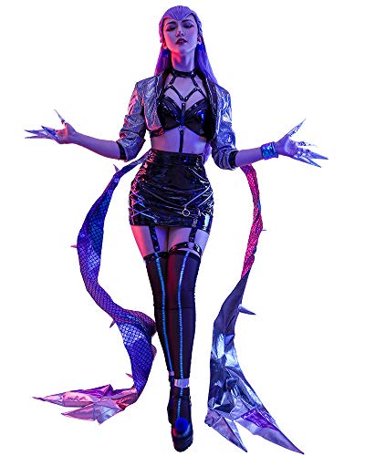 Miccostumes Damen K/DA ALL OUT Evelynn Cosplay Kostüm Leder Outfit mit Armband und Knöchelring (lila, klein) von miccostumes