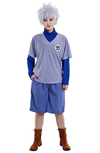 Miccostumes Unisex Killua Zoldyck Kirua Cosplay Kostüm 2 Shirt Set mit Shorts und Abzeichen (blau, klein) von miccostumes