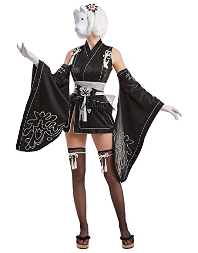 miccostumes Damen Cosplay Kostüm Schwarz Kimono Set mit Strümpfen Haarband (Schwarz, S) von miccostumes