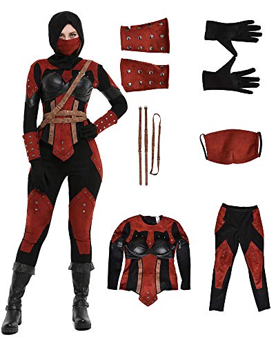 miccostumes Damen Dark Assassin Kostüm Female Cosplay Set mit Maske und Kapuze (XL, Rot) von miccostumes