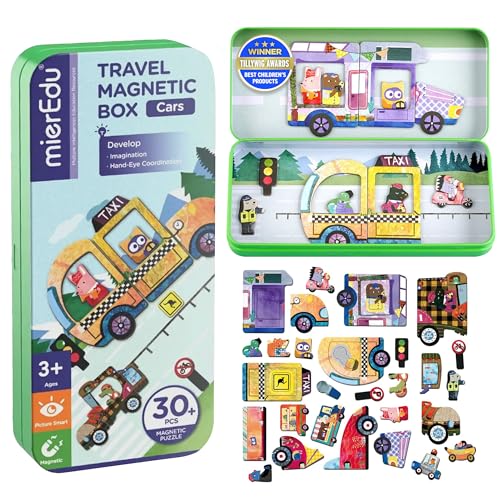 mierEdu Magnetspiel Box Autos – Magnetische Bausteine für Kinder ab 3 Jahre, Lernspiel & Reisespiel – Fördert Motorik & Kreativität, Magnetspielzeug für unterwegs von mierEdu