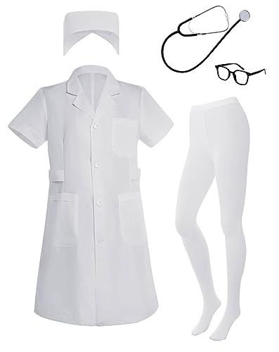 4-teiliges Krankenschwester-Kostüm für Damen, weißer Laborkittel, Arzt-Kostüm, Halloween, Krankenschwester, Kleid, Outfit, enthält kurzärmelig, weißer Laborkittel, Krankenschwester, Hut, 4-teiliges Krankenschwester-Kostüm für Damen, weißer Laborkittel, Arzt-Kostüm, Halloween, Krankenschwester, Kleid, Outfit, enthält kurzärmelig, weißer Laborkittel, Krankenschwester, Hut, von mifengda