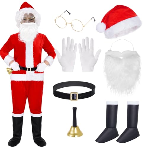 Weihnachtsmann-Kostüm-Zubehör für Männer und Frauen, Unisex, Weihnachtsmann-Kostüm-Zubehör mit Bartgürtel, Stiefeln, Abdeckung, Hut, Brille, Handschuhe, Glocke für Männer und Frauen, Weihnachtsfeier, von mifengda