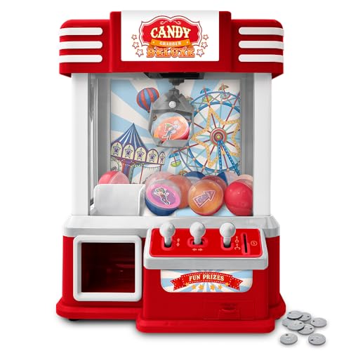 MikaMax Candy Grabber Deluxe, Greifautomat Spiel und Ersatzmünzen, Süßigkeitenautomat mit Überraschungskugeln, Greifautomat mit einstellbarer Musik und LED-Lichtern, Funktioniert mit USB und Batterien von mikamax