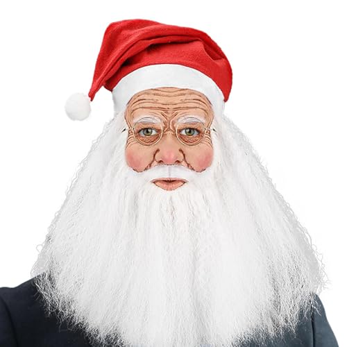 Weihnachtsmann-Gesichtsmaske für Erwachsene, Weihnachtsmann-Gesichtsmaske - Realistisches Weihnachtsmann-Gesichtsteil - Gesichts-Cosplay-Halbmaske, Latex-Vollmaske mit Bart, roter Hut, Halloween-Party von mimika