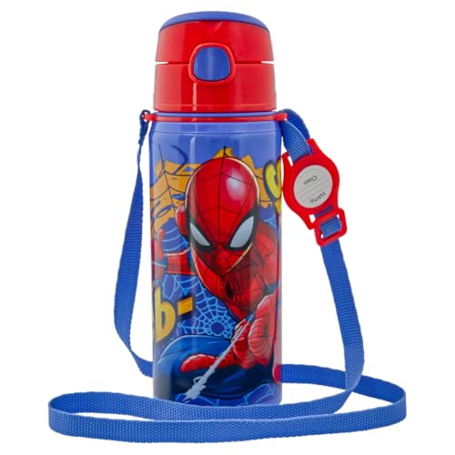 Kinder Trinkflasche Spiderman 600ml Blau Tragegurt Alu Marvel Held von miniHeld