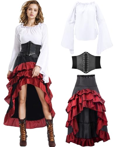 3PCS Mittelalter Piratenkostüm Set Mittelalter Kleid Damen mit Piraten Korsett Oberteil Rock Faschingskostüm für Halloween Karneval Cosplay (Rot, M) von minkasic