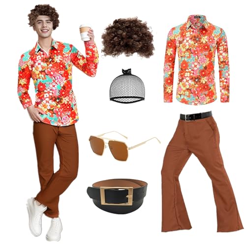 70er Jahre Disco Kostüm Set Hippie Herren Outfit mit Schlaghose Hemd 80s Fasching Bekeidung für 50s 60s 70s Cosplay Halloween Party (L) von minkasic