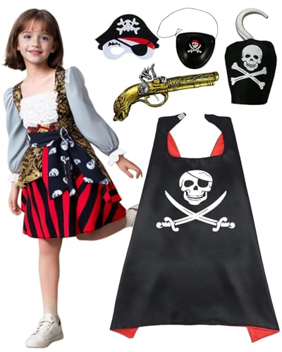 Piratenkostüm Mädchen Piraten Kostüm Kinder mit Piratenrock Augenklappe Piratengürtel Piratenpistole Piratenumhang Piratenmask Piratenhaken Karneval Party Kostüm Kinder (120cm) von minkasic