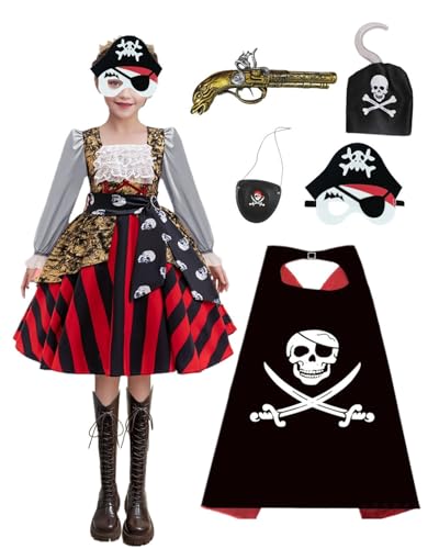 Piratenkostüm Mädchen Piraten Kostüm Kinder mit Piratenrock Augenklappe Piratengürtel Piratenpistole Piratenumhang Piratenmask Piratenhaken Karneval Party Kostüm Kinder (150cm) von minkasic