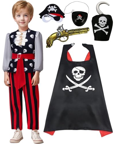 Piratenkostüm für Kinder Piratenkostüm Zubehör mit Piraten Augenklappe Piratenpistole Piratenumhang Piratenmask Piratenhaken Mädchen Jungen Karneval Party Kostüm (Piraten, 100) von minkasic