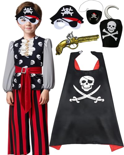 Piratenkostüm Kinder Piraten Kostüm mit Bluse Hose Augenklappe Piratenpistole Piratenumhang Piratenmask Piratenhaken Karneval Party Kostüm Kinder (130cm) von minkasic