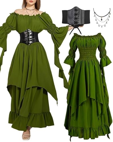 minkasic Mittelalter Kleidung Damen Renaissance Viktorianisches Kostüm mit Mittelalter Kleid Piraten Korsett Halsketten Faschingskostüm für Halloween Karneval Cosplay Grün 2XL/3XL von minkasic