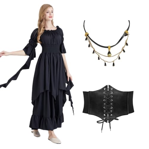 minkasic Mittelalter Piraten Kleidung Damen Renaissance Kostüm mit Mittelalter Kleid Piraten Korsett Halsketten Faschingskostüm für Halloween Karneval Cosplay (Schwarz, L/XL) von minkasic