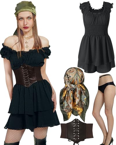 minkasic 4PCS Mittelalter Piratenkostüm Damen mit Mittelalter Kleid Piraten Korsett Kopftuch Netzstrümpfe Faschingskostüm für Halloween Karneval Cosplay (Schwarz, XL) von minkasic