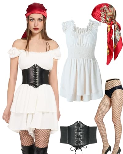 minkasic 4PCS Mittelalter Piratenkostüm Damen mit Mittelalter Kleid Piraten Korsett Kopftuch Netzstrümpfe Faschingskostüm für Halloween Karneval Cosplay (Weiß, XXL) von minkasic