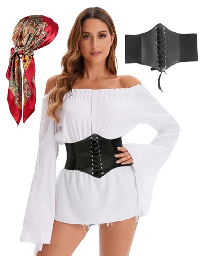 minkasic Mittelalter Piratenkostüm Damen 3CPS Piraten Kleidung mit Mittelalter Bluse Piraten Korsett Kopftuch Netzstrümpfe Faschingskostüm für Halloween Karneval Cosplay (Weiß, S) von minkasic