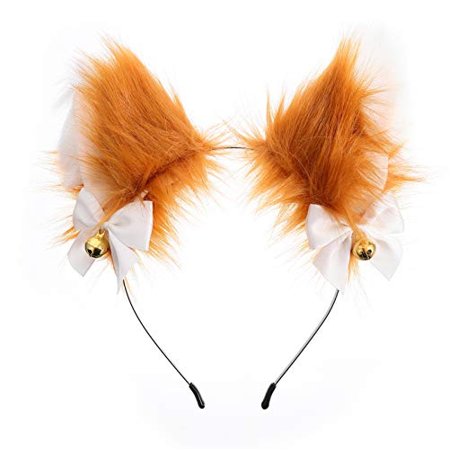 Minkissy Fuchs Wolf Katze Ohren Stirnband mit Glocken Schleifen Plüsch Fuchs Wolf Ohren Haar Reifen Tier Anime Kostüm Party Cosplay Kostüm Kopfschmuck für Erwachsene Kinder Hellbraun von minkissy