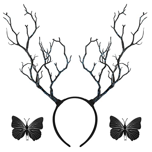 minkissy Geweih Stirnband Baum Zweige Kopfschmuck mit Schmetterlingen Halloween Hirsch Horn Cosplay Kostüm Haarschmuck für Frauen Halloween Weihnachten Haarschmuck Schwarz von minkissy