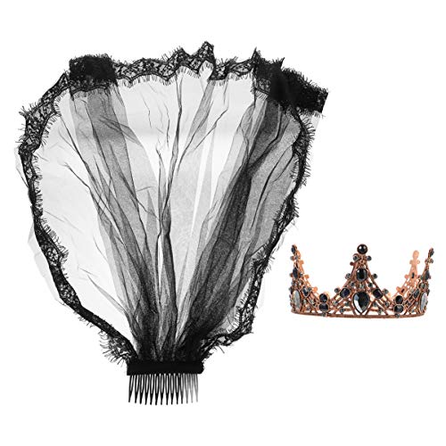 Minkissy Halloween Mesh Spitze Schleier Barock Königin Hochzeit Krone Und Tiara Set Vintage Hochzeit Halloween Schleier Braut Krone Kopfschmuck Halloween Requisite für Bühnenperformance von minkissy