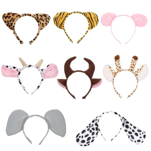 Minkissy Zootiere Ohren Stirnband Dschungel Safari Tiere Haarbänder Elefant Giraffe Tiger Kuh Leopard Halloween Thema Party Cosplay Haarreifen 8 Stück von minkissy