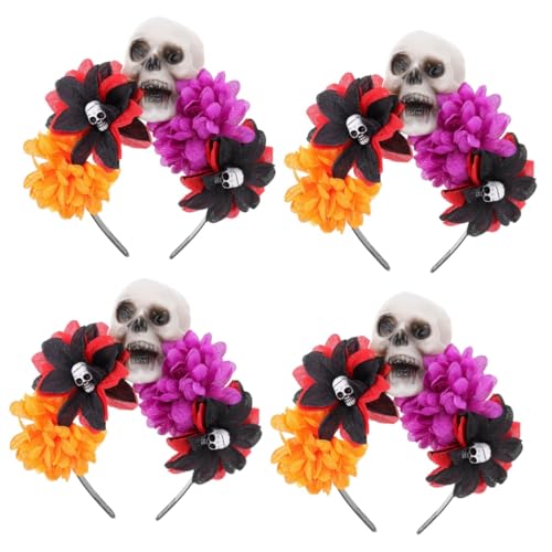 minkissy 4 Stück Schädel Rose Stirnband Outfit Für Mädchen Rosenblütenhaar Halloween-blumen-stirnband Skelett-stirnbänder Party-stirnbänder Stirnbänder Für Damen Modekleidung Seidentuch von minkissy