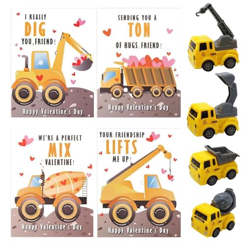 mivceklw Adorable Classroom Prizes Valentine Cards, Preschool Valentine Cards with Toys, Exchange Cards with 4 Construction Vehicles Toys, Cute Preschool Vehicles Toys Card Bulk for Classroom Prizes von mivceklw