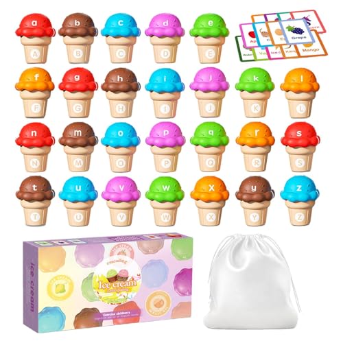 mivceklw Alphabet Matching Toys, Letter Learning Games, Number Stacking Toy, Preschool Learning Toy with Ice Cream Shaped Design for Preschool and Kindergarten Fine Motor Skill Development von mivceklw