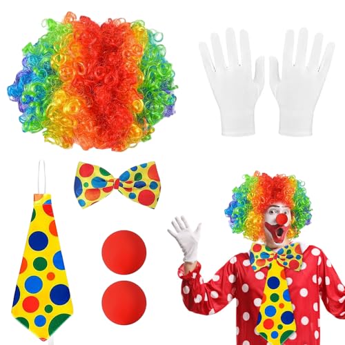 mizikuu 5 Stück Clown Kostüm Set, Clown Accessoire Faschingskostüme Kostümzubehör Regenbogen Lockenperücke Krawatte Nase Handschuhe Erwachsene Kinder für Clown Partys Karneval Kostüm Zubehör von mizikuu