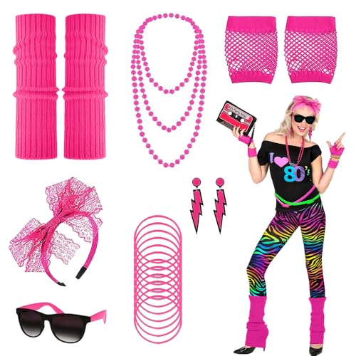 mizikuu 80er Jahre Outfit Damen, 90er Neon Kostüm Kleidung Bunte Retro Mädchen Set mit Spitzenstoff Stirnband Ohrringe Brille Netzhandschuhe Halsketten Beinwärmer Armbänder für Karneval Party, Rosa von mizikuu