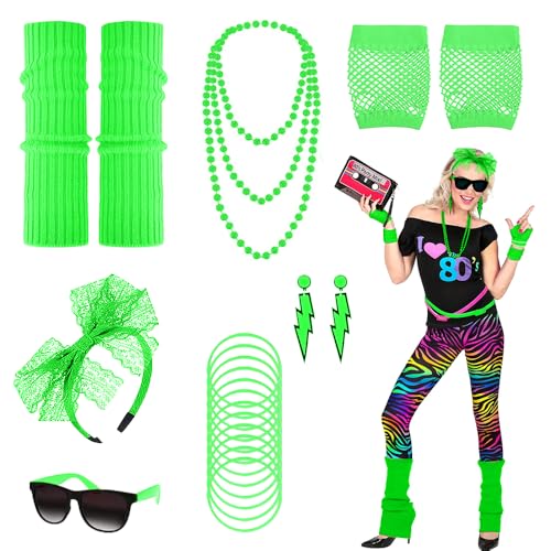 mizikuu 80er Jahre Outfit Damen, 90er Neon Kostüm Kleidung Bunte Retro Mädchen Set mit Spitzenstoff Stirnband Ohrringe Brille Netzhandschuhe Halsketten Beinwärmer Armbänder für Karneval Party, Grün von mizikuu