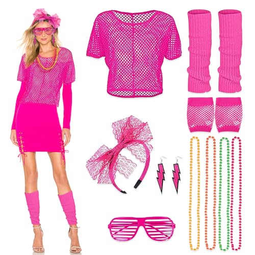 mizikuu 80er Jahre Outfit Damen, Kleidung Damen Set Kostüm Accessoires Neon Off Shoulder Netzshirt Brille bunte Halskette 80s 90er Jahre Thema Retro Neon Party Outfit für Karneval Party von mizikuu