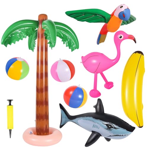 mizikuu 9 Stück Aufblasbare Palmen Spielzeug Set, Aufblasbar Flamingos Papagei Banane Strand Bälle Delphin Spielzeug mit Luftpumpe für Hawaii Party Dekor Strand Hintergrund Sommer Schwimmbad von mizikuu