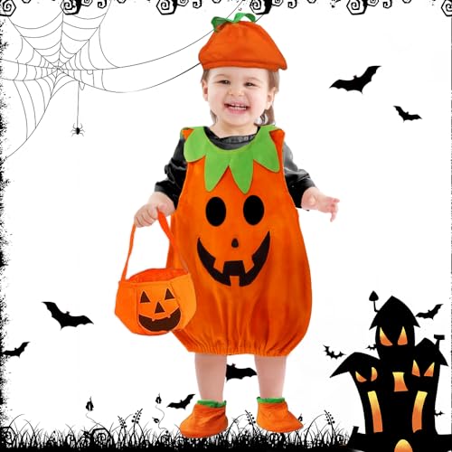 mizikuu Halloween kostüm kürbis kinder, Kürbis Kostüm mit Hut, Schuh Und süssigkeiten Beutel Pumpkin Halloween Cosplay Kostüme Kinder mädchen jungen Perfekt für Halloween, Karneval, Kostümparty, M von mizikuu