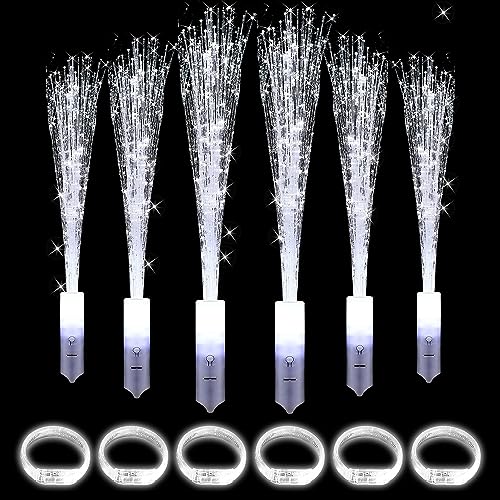 mizikuu 6 Stück LED Leuchtstäbe, Leuchtwedel Glasfaser mit 6 Glowstick Armband 3 Modi blinkende Knicklichter Partyzubehör Leuchtspielzeug Partyknicklichter für Weihnachten,Party,Konzert,Hochzeit von mizikuu