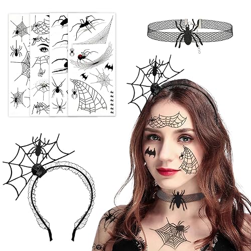 mizikuu Spinne Haarreifen, Halloween Stirnband Spinne Haarband mit Spinnweben Halskette und Temporäre Tattoos Halloween Kostüm Zubehör Spinne Accessoires Kopfschmuck für Halloween Fasching Karneval von mizikuu