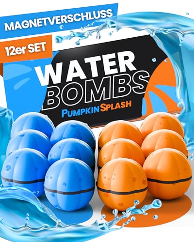 PumpkinSplash Wasserbomben wiederverwendbar 12er Set - wiederverwendbare Wasserbomben selbstschließend - Schnell befüllbar & sicher für Kinder (blau & orange) von molinoRC