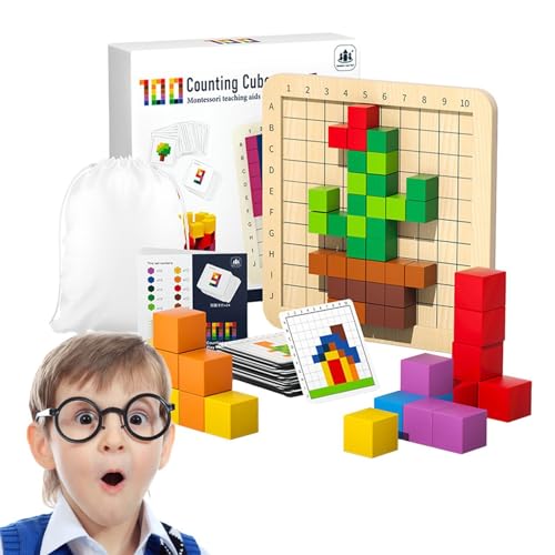 moonyan Holzwürfel-Puzzles, Bunte Bausteine ​​, Holzklötze für Kinder, Bunte Bauwürfel, Mit Aufbewahrungstasche und 24 Karten, Holzblock-Puzzles, Würfelbausteinen für Kinder von moonyan