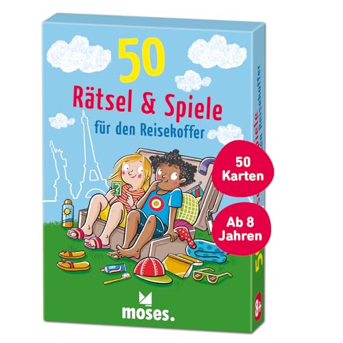 moses 30261 50 Rätsel & Spiele für den Reisekoffer, Kartenset mit lustigen Aufgaben für unterwegs und auf Reisen, bunt von moses