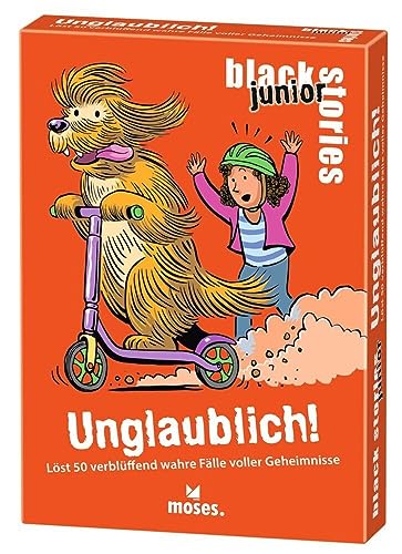 moses 51467 Kartenspiel für Kinder ab 8 Jahren, 50 unglaubliche Rätsel voller wahrer Geheimnisse Black Junior-Unbelievable Stories von moses