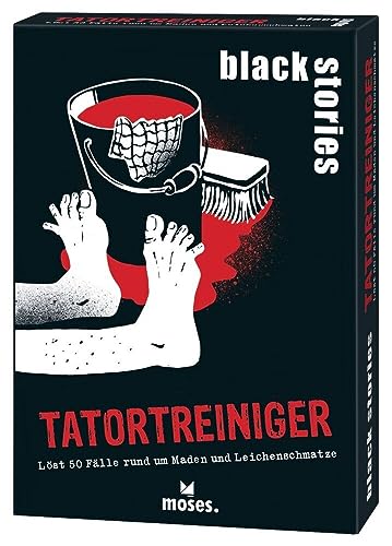 moses 52518 Black Stories Tatortreiniger-50 rabenschwarze Rätsel rund um Maden, Müll & Leichenschmatze, Das Krimi Kartenspiel mit Wahren Geschichten von Thomas Kundt von moses