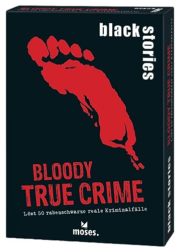 moses 90045 Black Stories Bloody True Crime-50 Rätsel rund um Reale Kriminalfälle Krimi Kartenspiel mit Spielvariante und Punktechips, Rätselspiel für Jugendliche und Erwachsene, White, M von moses