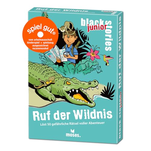 moses 90091 Black Stories Junior Ruf der Wildnis-50 gefährliche voller Abenteuer, Das Rätsel Kartenspiel Zwei Spielvarianten, Rätselspiel für Kinder ab 8 Jahren, White von moses