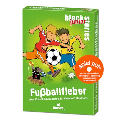 moses 90093 Black Stories Junior Fußballfieber-50 treffsichere clevere Fußballfans, Das Rätsel Kartenspiel Zwei Spielvarianten, Rätselspiel für Kinder ab 8 Jahren, Yellow von moses