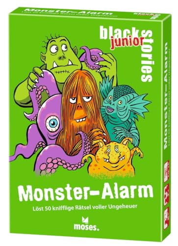 moses. Black Stories junior Monster-Alarm - 50 Rätsel voller Ungeheuer, Rätsel Kartenspiel mit Spielvariante und Punktechips, Rätselspiel für Kinder ab 8 Jahren von moses